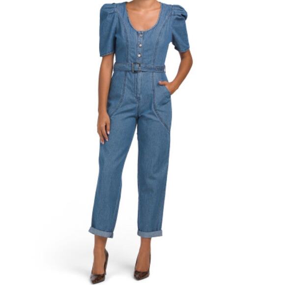 NEW Jessica Simpson Blue Jean Jumper Jumpsuit Puff Sleeve Button Belt Sz Small - Picture 1 of 13